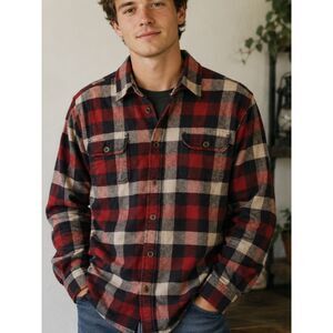 JACHS Plaid Cotton Flannel Men's Medium Button-Down Long Sleeve Shirt Red Black